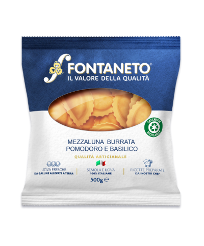 2 - FONTANETO Ravioli Mezzaluna ripieno burrata, pomodoro e basilico - 4 x (27~ x 18 g  500 g) 2 kg - TMC 3 settimane - 5 minuti